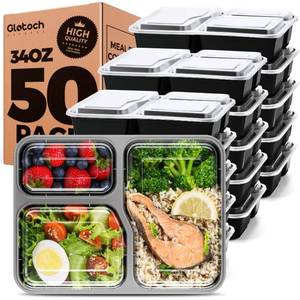 lot 4609 image: Glotoch 50 Pack (100-Piece) 34oz Meal Prep Containers Reusable with Lids 3-Compartment Containers Microwave, Freezer, Dishwasher Safe - Leakproof Durable To Go Take Out Plastic Food Storage