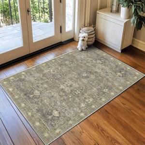 lot 4615 image: Youime Entryway Rug 2x3 Small Washable Rug Light Green & Beige Persian Floral Area Rug, Machine Non-Slip Stain Resistant Rugs Thin Door Mats for Inside Entry,Kitchen,Bedroom,Kids Room Bathroom