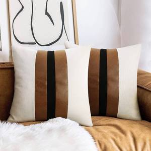 lot 4622 image: JASEN Set of 2 Leather Pillow Cover 18x18, Black and White Decorative Throw Pillow Covers Brown Modern Stripe Accent Cushion Cover Couch Bed Sofa