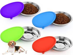 lot 4647 image: Patelai 8 Pcs Stainless Steel Dog Bowls with Silicone Lids Portable Food and Water Dishes for Pets Sealable Containers for Small Medium Dog Cat Indoor, 6.3 Inch (Red,Blue,Green,Purple)