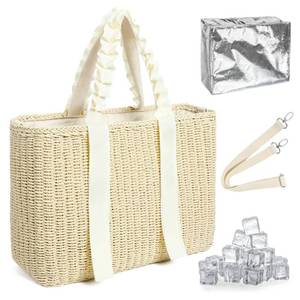 lot 4667 image: KUIRAN 14L Large Insulated Beach Cooler Bag with Removable Liner, Natural Corn Husk Straw Travel Tote for Women, Picnic Lunch Bag, Bride Wedding Gift