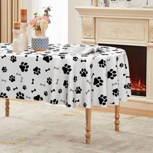 lot 4675 image: Horaldaily Puppy Dog Print Tablecloth 60x84 Inch Oval, Dog Paw Prints Bones Black White Washable Seasonal Table Cover for Party Picnic Dinner Decor
