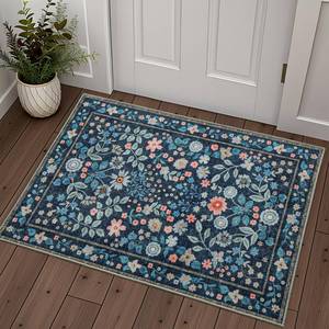 lot 4685 image: YIHOUSE 2x3 Blue Entryway Rug, Washable Front Door Mat Indoor Entrance Floral Non Slip Soft, Small Colorful Throw Carpet for Entry Indoor Front Door Mat Dark Blue,2x3