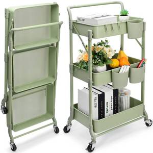 lot 4706 image: Foldable 3 Tier Rolling Cart, Metal Utility Cart, Folding Mobile Multi-Function Storage Trolley Organizer Cart for Home Library Office(Green)