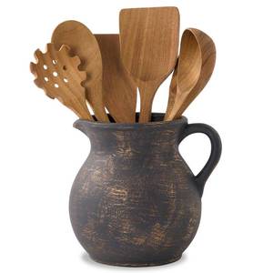 lot 4708 image: MIYUKI Rustic Kitchen Utensil Holder - 7.6 Inch Ceramic Utensil Crock for Countertop, Vintage Kitchen Counter Decor
