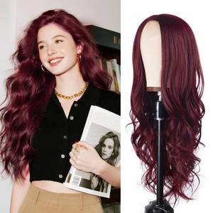 lot 4724 image: BrittyHair Wine Red Long Wavy Wig for White Women 26 Inch Middle Part Curly Wig Natural Looking Heat-resistant synthetic fiber wigs for Daily Wear Cosplay and Halloween