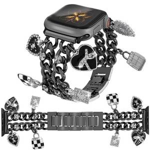 lot 4748 image: YONWORTH Cuban Chain Band Compatible with Apple Watch Bands 384041mm Women,Bling Diamond Chain Dressy Metal Wristband Cute Charms Pendants for iWatch Series 10 9 8 7 6 5 4 3 SE(A7-Black Black, 38MM)