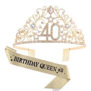 lot 4756 image: BRT Bearingshui 40th Birthday Sash and Tiara Set for Woman, Gold Birthday Queen Sash and Tiara, 3-Piece Party Favor Set