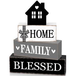 lot 4761 image: Cinnvoice 4 Pcs Farmhouse Tabletop Decor Rustic Family Blessed Home Table Centerpiece This Is Us Sign for Kitchen Shelf Desk Fireplace Mantel Tiered Tray Decor(Neutral Home Family Blessed)