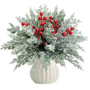 lot 4769 image: 60 Pcs Artificial Christmas Snow Pine Branches with Red Berry Stems, Snowy Faux Greenery Norfolk Pine Cypress Leaves Stems, Berries White Frosted Fake Foliage Pine Needle Picks for Garland Home Decor