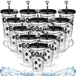 lot 4781 image: Domensi 12 Pcs Soccer Plastic Tumbler with Lid and Straw 24oz Reusable Plastic Cups with Straw Cover Caps Gifts for Fan Friend Guest Birthday Office Christmas Sport Party Supplies (Black White Soccer)