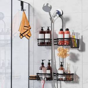 lot 4782 image: Daoun Shower Caddy Hanging with Door Hook - Split Design for Handheld Showerheads, Rustproof Over The Showerheads Bathroom Organizer with Hooks Soap and Toothbrush Holder, Bathroom Accessories Black