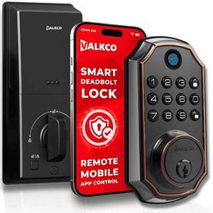 lot 4795 image: VALKCO Smart Door Lock V5O5BF, Keyless Entry Door Lock with Keypad and Bluetooth App Control, Fingerprint Deadbolt, Smart Door Lock for Front Door, Auto Lock, IP54 Weatherproof, Easy Installation.