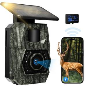 lot 4807 image: MAXDONE Solar Trail Camera WiFi Bluetooth - 48MP 30fps Game Camera with 5200mAh Rechargeable Battery, 0.1s Trigger Speed Motion Activated Trail Cam IP66 with 32GB TF Card for Wildlife Monitoring