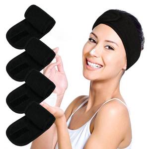 lot 4825 image: Facial Spa Headbands 4PCS, Makeup Shower Bath Wrap Sport Headband Terry Cloth Stretch Towel with Magic Tape (Black)