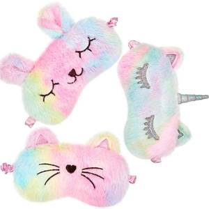 lot 4845 image: 3 Pieces Sleep Mask for Kids, Girls Plush Sleeping Eye Cover Soft Eye Blindfold Cover Animal Shade for Kids(Rainbow Color,Bunny, Cat and Unicorn Style)
