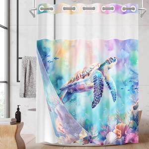 lot 4864 image: Nesphy No Hook Sea Turtle Colorful Shower Curtain with Snap in Fabric Liner Set, Blue Cute Ocean Double Layers Waterproof Fabric with See Through Top Window Open Grommet Bath Curtain 71x74 Inch