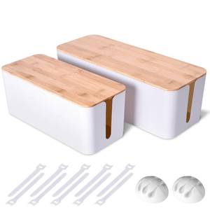 lot 4900 image: 2 Pack Large Cable Management Box Wooden Style Cord Organizer and Cover for TV Wires, Computer, Router, USB Hub and Under Desk Power Strip Safe ABS Material and Baby-Pets Proof Lock (White)