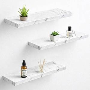 lot 4901 image: Pinkunn 3 Pcs Faux Marble Floating Shelves Modern Wooden Floating Shelf Wall Mount Organizer Decor for Home Bathroom Kitchen Storage and Display(White)
