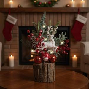 lot 4902 image: Small Christmas Tree, Mini Christmas Tree with Lights, Artificial Tabletop Tree with Pine Cones Red Berries Christmas Ornaments for Home Indoor Office Table Decorations