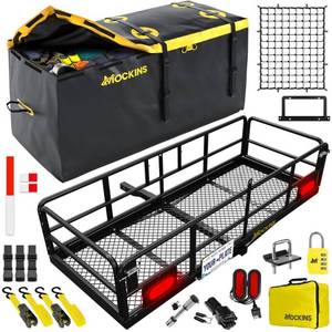 Mockins 500 lbs. Capacity 60 x24 x14  High Rail Hitch Cargo Carrier with Rear Lights  30 Cu.Ft. Yellow Cargo Bag  Plate Holder  Net and Straps - Retail: $400