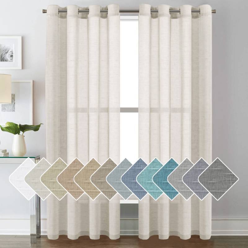 lot 24179 image: H.VERSAILTEX Natural Linen Sheer Curtains Flax Linen Blended Curtain Panels Living Room, Nickel Grommet Semitransparent Semi-Sheer Soft Privacy Drapes, Natural, 84 inches Long 2 Panels