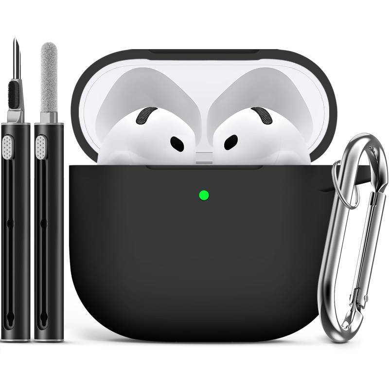 lot 29638 image: Ljusmicker for AirPods 4 Case 2024 with Cleaner Kit,Soft Silicone Protective Cover for Apple AirPods 4th Generation Cases for Women Men,AirPod 4 Case Accessories with Keychain-Black