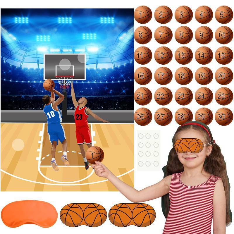 lot 29700 image: PLULON Basketball Party Game for Kids Pin The Basketball on The Hoop Game Basketball Poster with Basketball Stickers for Boys Girls Birthday Party Wall Decorations Classroom Activities