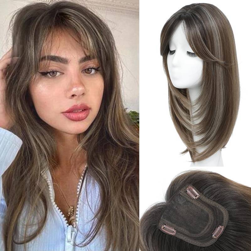 lot 39770 image: HVVZOY Hair Toppers for Women with Thinning Hair, 360° 3D Toppers Hair Pieces for Women Side Part Clip in Bangs 18 Inch Curly Wavy (Dark brown mixed with white and light brown, 3D Side Bangs)