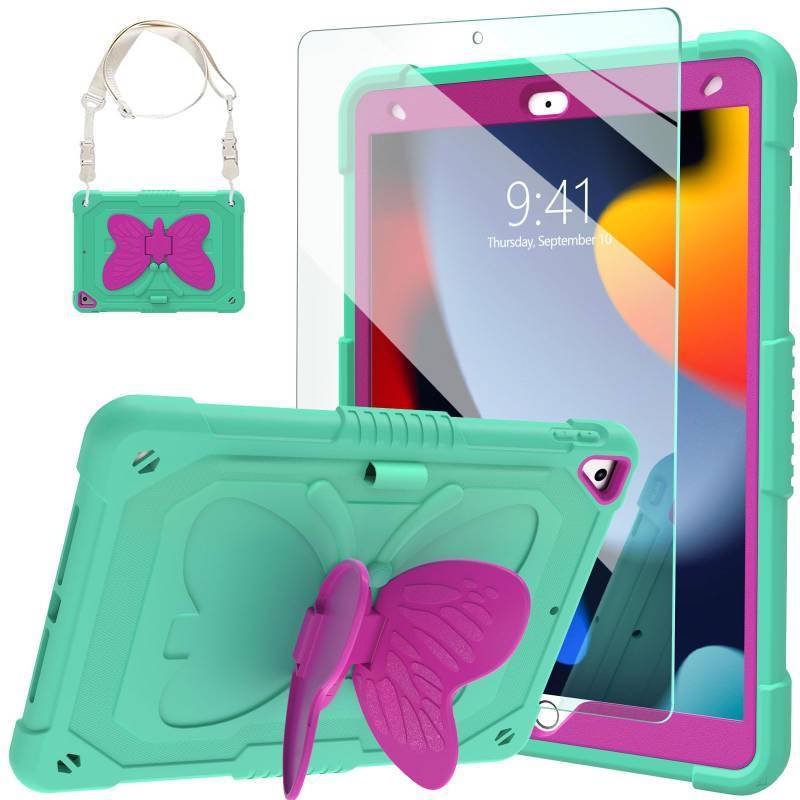 lot 51534 image: Ambison Case for iPad 9th8th7th Generation 10.2 inch with Glass Screen Protector, Rugged Shockproof Protective Cover for Kids Girls Butterfly Stand, Shoulder Strap for iPad 202120202019-Mint Green