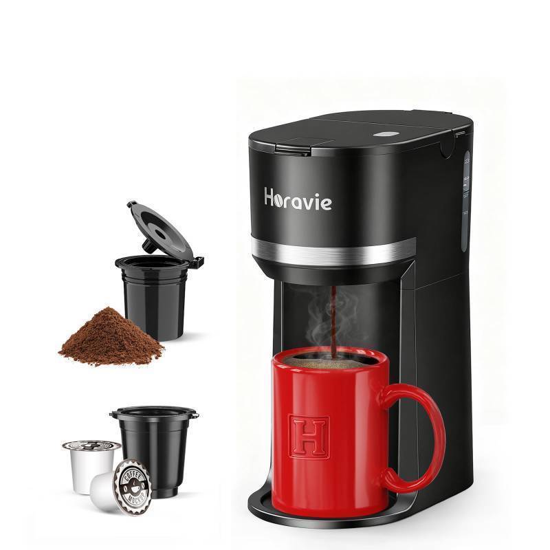 lot 46796 image: Horavie Mini Single Serve Coffee Maker for K Cup and Ground Coffee, Fast Brew One Cup Coffee Machine with Descaling Reminder and Water Window, 6 to 12 oz. Brew Sizes, Black