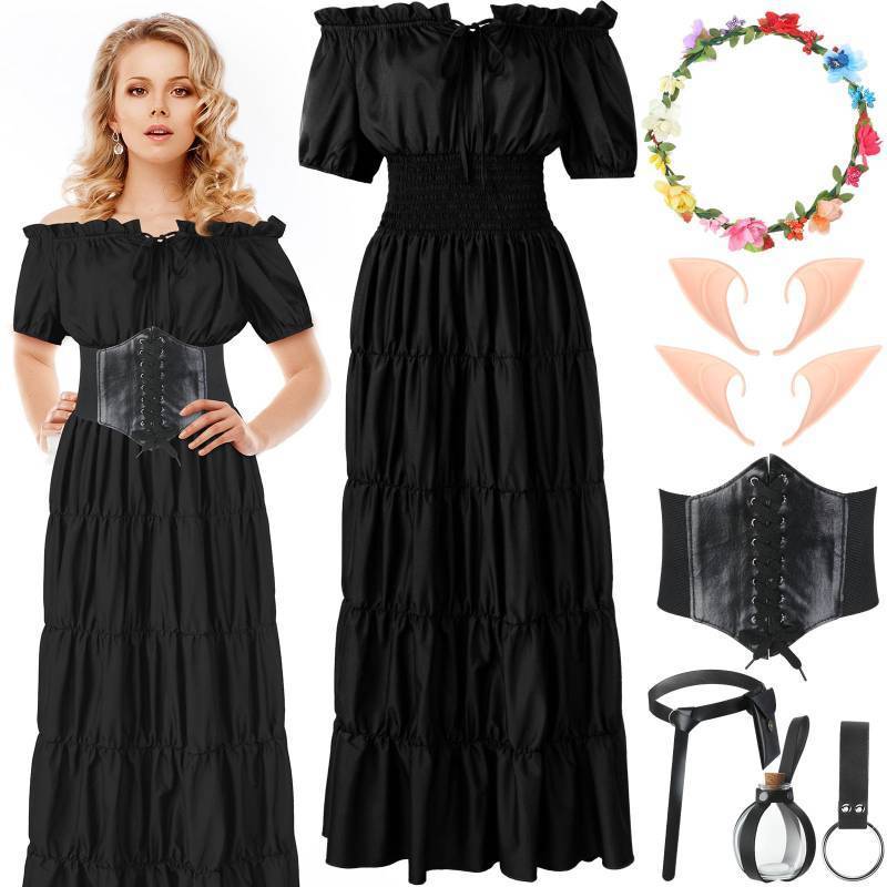 lot 47092 image: Ramede 9 Pcs Medieval Fairy Renaissance Costume Accessories for Women Elf Dresses Irish Witch Costume Outfit(X-Large,Black)