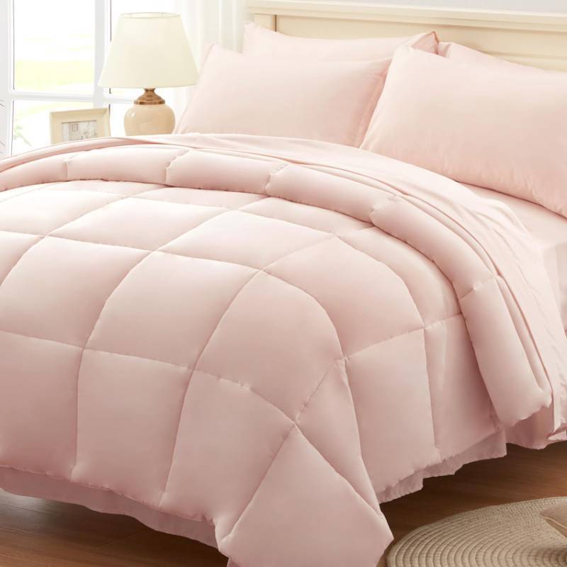 lot 56352 image: Anluoer Queen Comforter Set 7 Piece, Pink Bed in a Bag with Comforters, Pillow Shams, Pillowcases, Flat Sheet, Fitted Sheet