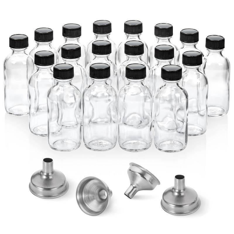 lot 56410 image: 18 Pack, 2 oz Small Clear Glass Bottles wLid & 4 Stainless Steel Funnels - 60ml Boston Sample Bottles - Mini Travel Essential or Decorative Bottles for Potion, Juice, Wellness, Ginger Shots, Whiskey