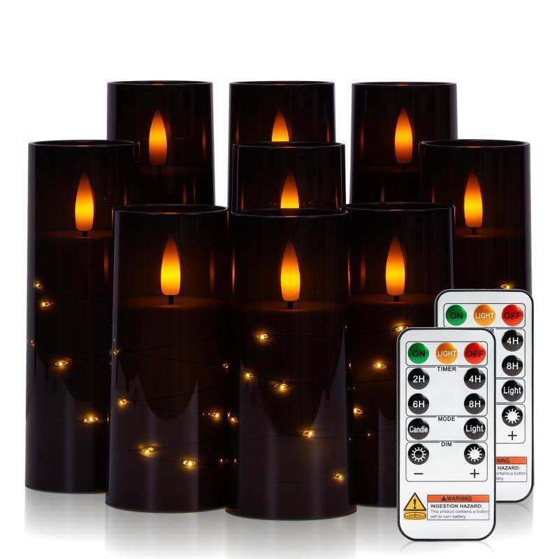 lot 25504 image: Raycare Flameless Candle with Remote Timer 9 Flickering Acrylic Battery Operated LED Pillar Candles with Embedded Star String for Halloween, Home Decor, and as a Gift (Black)