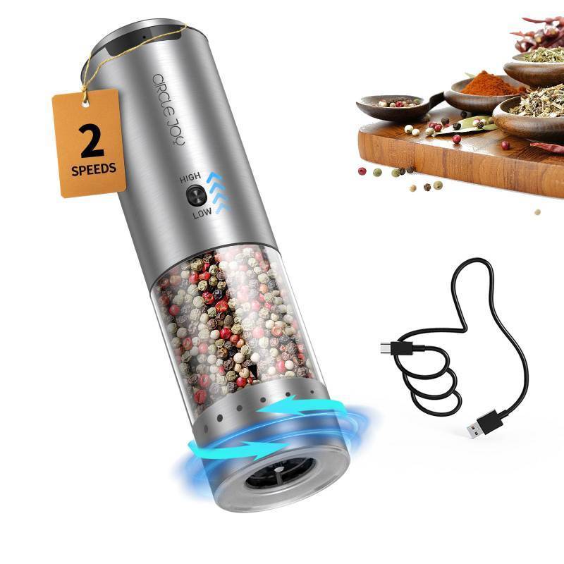 lot 28141 image: CIRCLE JOY Electric Pepper Grinder Stainless Steel Rechargeable Pepper Mill with Variable Grinding Speed, External Adjustable Coarseness, 95ml Container and White LED Light, Silver