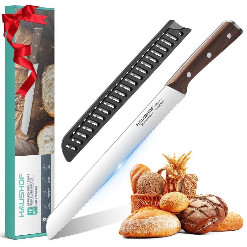 lot 25664 image: HAUSHOF Bread Knife with Sheath, 10-Inch Serrated Bread Knife for Homemade Bread, 5CR15M0V Premium Stainless Steel Bread Cutter with Gift Box for Mom Dad, Full Tang and Ergonomic Handle