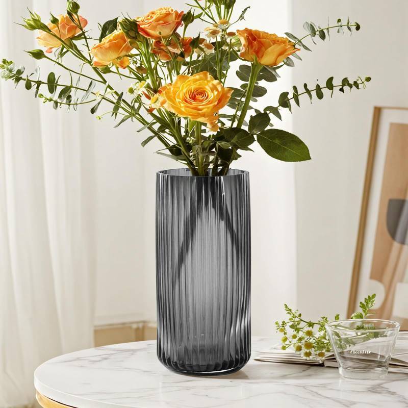 lot 56602 image: GarDream Modern Grey Glass Vase-11 Inch Tall Ribbed Glass Cylinder Vases for Flowers, Bouquet, Desk, Dining Table, Shelf, Decorative Flower Vase for Centerpieces, Home Decor, Living Room, Wedding