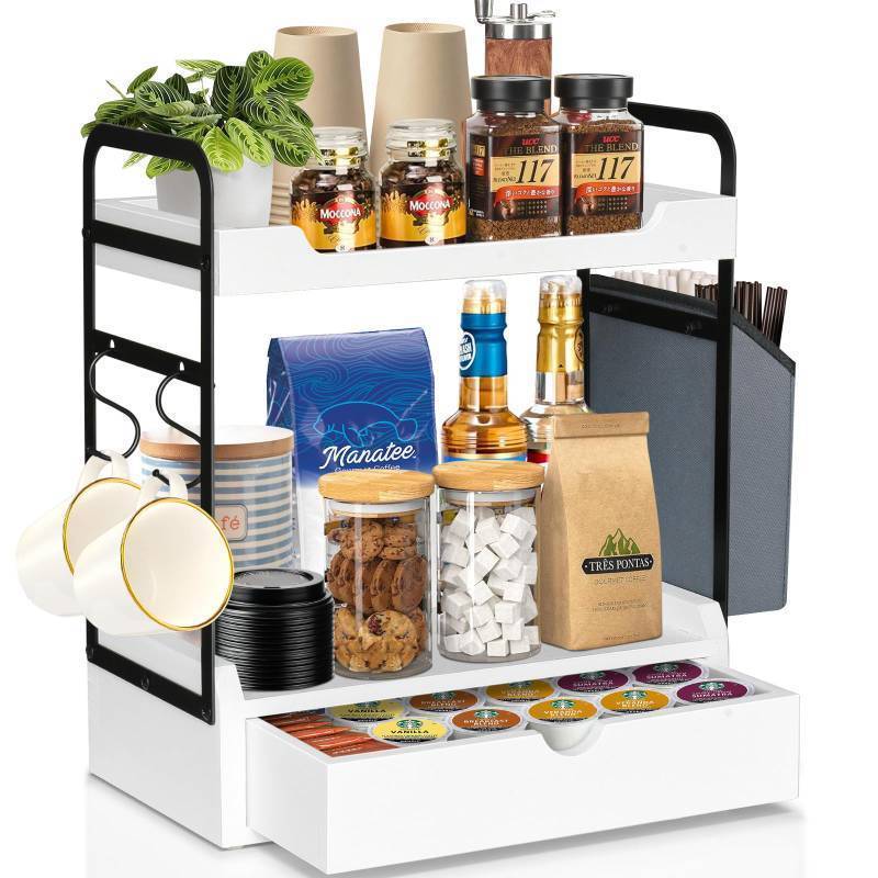 lot 54789 image: Coffee Station Organizer for Counter, Condiment Storage Caddy for Kitchen with Hooks and Bag,2 Tier Wooden Shelf for Coffee Bar Accessories,Coffee Bar Organizer for Kitchen, Home, Office-Brown