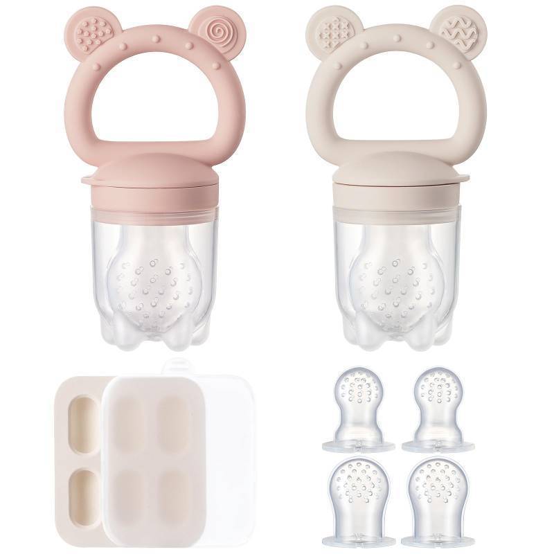 lot 27931 image: Silicone Baby Fruit Feeder with Mini Freezer Tray, Breastmilk Popsicle Molds for Baby Teething Relief, Fresh Food Feeder for Safe Infant Self Feeding, Extra Food Pouches - Pink 2pk