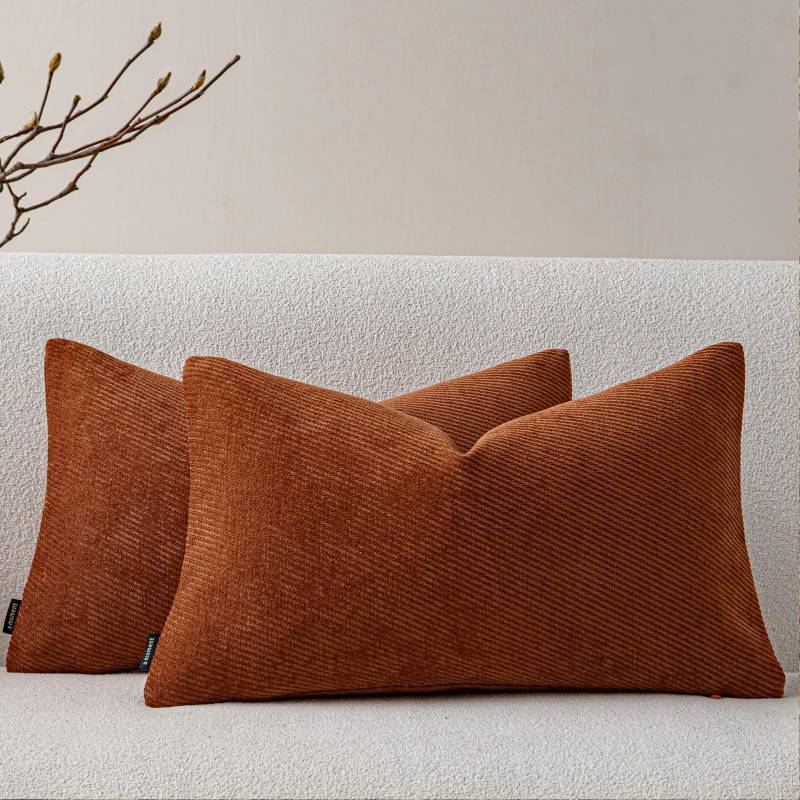 lot 25789 image: a moment Pack of 2 Decorative Chenille Throw Pillow Covers with Twill Cushion Covers for Sofa Living Room Couch Bed 12x20 Inch Rust