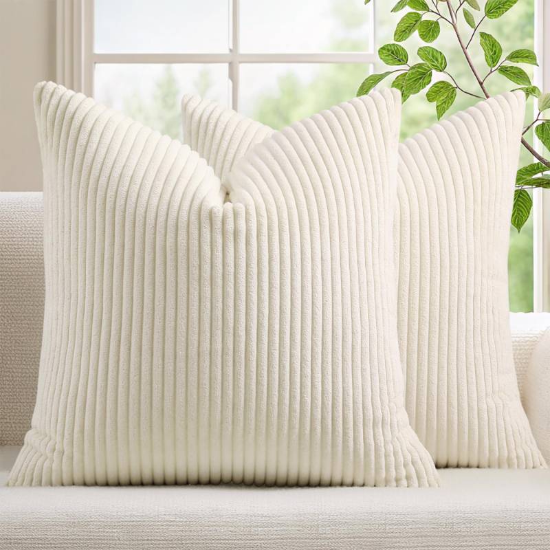 lot 37563 image: Mecatny Corduroy Decorative Throw Pillow Covers 20x20 Set of 2 for Sofa Living Room, Soft Neutral Boho Couch Pillow Covers for Home Decor, Cream White