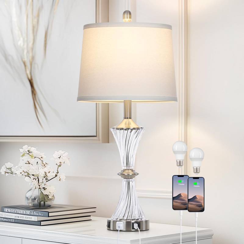 lot 56710 image: Rinweey Crystal Glass Table Lamp with USB CA Ports & AC Outlet,White Clear Modern Bedroom Lamp,Silver Lamp for Living Room,Nightstand Lamp LED Bulbs Included,Single Silver