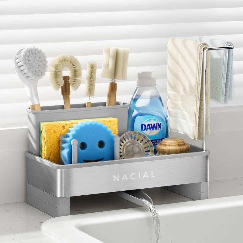 lot 47678 image: Nacial Sponge Holder for Kitchen Sink, Sink Caddy Organizer with High Brush Holder & Two Towel Racks - Rustproof 304 Stainless Steel Kitchen Countertop Storage Essentials - Gris
