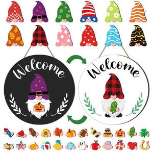lot 26087 image: Wesiti Interchangeable Seasonal Gnome Sign Gnome Welcome Sign Front Door Decor with 24 Magnet and 12 Detachable Hats, 12 Inch, Farmhouse Wooden Decor for Home Rustic Wreaths Outdoor Porch Black - Retail $16