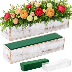 lot 26094 image: Dandat 2 Set Wood Boxes for Centerpieces 16x4 Inch Rectangle Wooden Planter Box Rustic Wooden Planters with Removable Plastic Liner Floral Foam Blocks for Christmas Wedding Home Garden Decor(White) - Retail $29