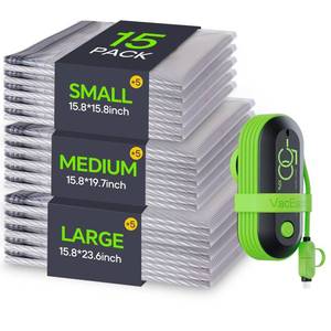 lot 26098 image: Vacbird Vacuum Bags for Travel with USB Electric Pump, 15 Pack Carry-on Size Compression Packing for Luggage and Suitcase, Space Saver Bags for Clothes and Clothing Travel - Retail $31