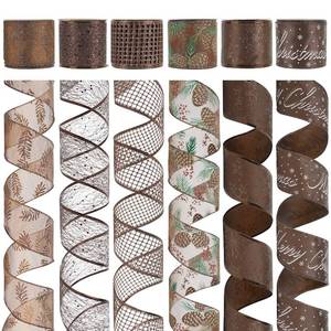 lot 26104 image: HUIHUANG Brown Wired Ribbon for Christmas Tree Pine Cone Ribbon Wired Brown Glitter Christmas Ribbons for Bows, Wreaths, Garland, Wrapping Crafts, Fall Decorations (2.5 x 6 Rolls, 36 Yds Total) - Retail $28