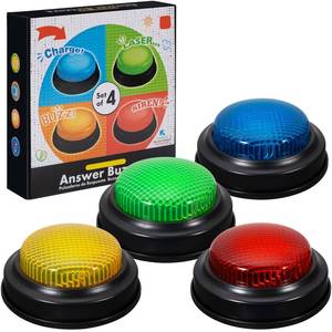lot 26111 image: YTZRLO Set of 4 Trivia Game Buzzers with Lights & Sound, Family Feud & Jeopardy Quiz Buttons for Classroom, Party Games, RedBlueYellowGreen - Retail $14