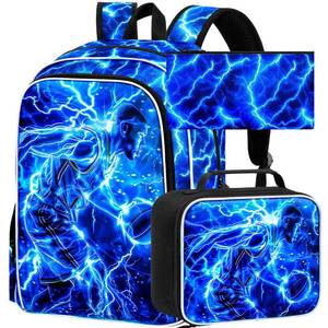lot 26118 image: FTJCF 3Pcs Basketball Backpack for School, Kids Boys Lightning Bookbag with Lunch Box, 17 Backpacks for Elementary Preschool Kindergarten (Blue) - Retail $27